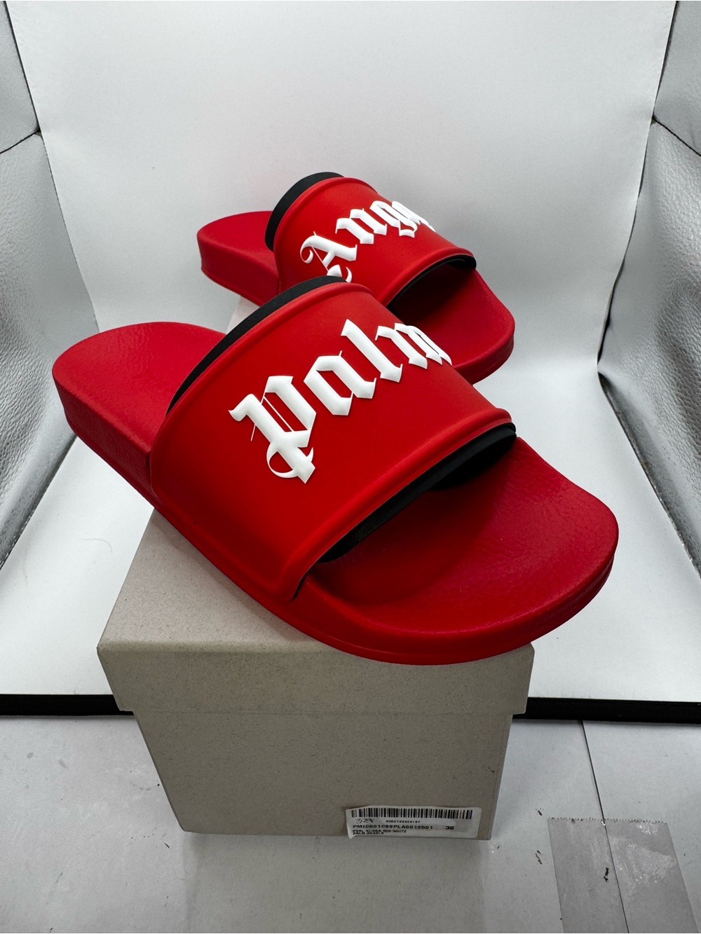 Palm Angels Logo Pool Slides Red White Black Trim EU 36 / US Women 6
